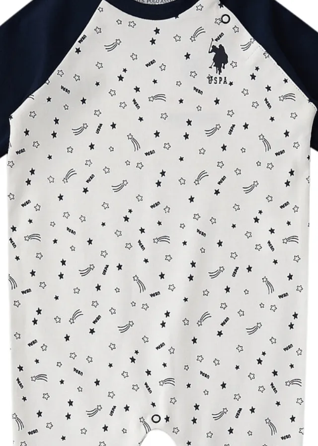 Salopeta Crem din Bumbac cu Imprimeu Stele si Maneci Bleumarin pentru Baietei USB1429 Us Polo Assn