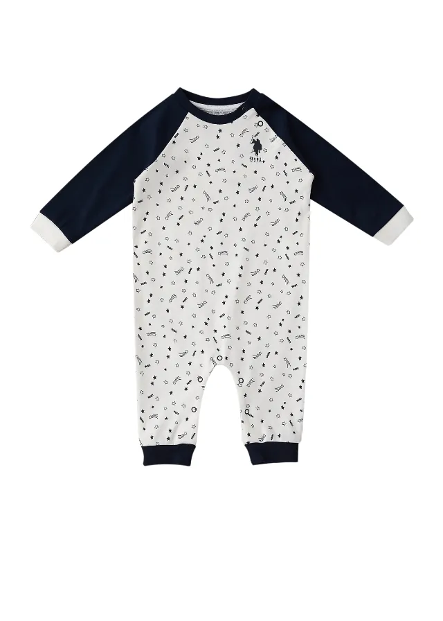 Salopeta Crem din Bumbac cu Imprimeu Stele si Maneci Bleumarin pentru Baietei USB1429 Us Polo Assn