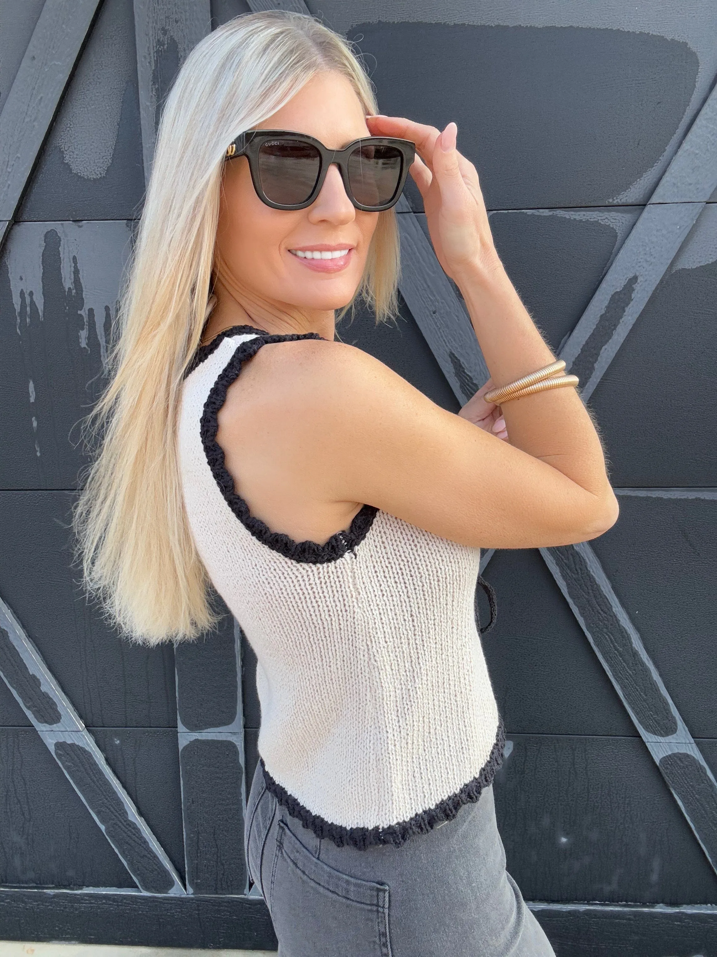Scalloped Trim Double Front Tie Knit Vest