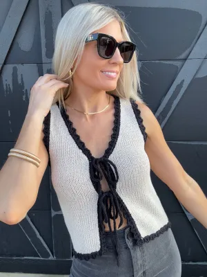 Scalloped Trim Double Front Tie Knit Vest