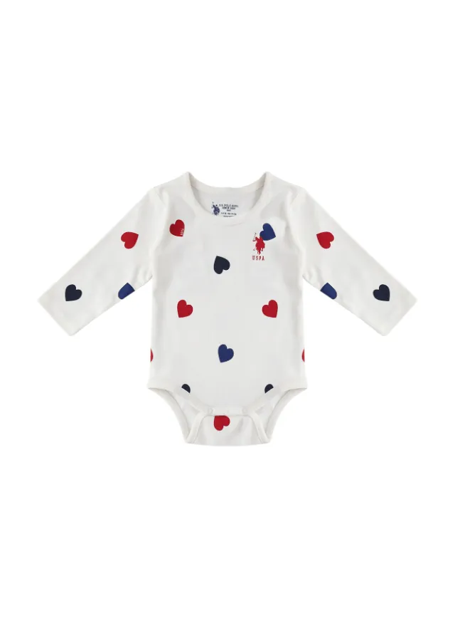Set 2 Body pentru Fetite, Ivory cu Maneca Lunga si Imprimeu Inimi Rosii si Blelumarin USB1638 Us Polo Assn