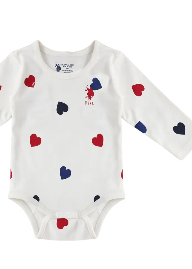Set 2 Body pentru Fetite, Ivory cu Maneca Lunga si Imprimeu Inimi Rosii si Blelumarin USB1638 Us Polo Assn