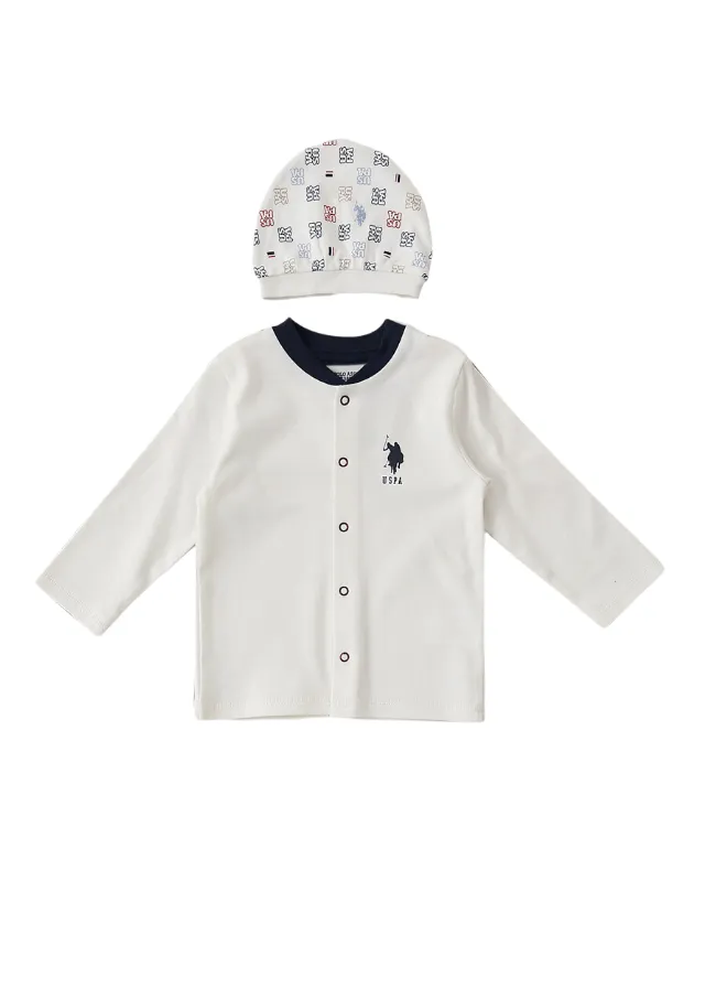 Set 3 Piese Baietei, Bluza Crem, Pantaloni si Fes Crem cu Imprimeu USB1403 Us Polo Assn