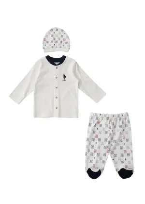 Set 3 Piese Baietei, Bluza Crem, Pantaloni si Fes Crem cu Imprimeu USB1403 Us Polo Assn