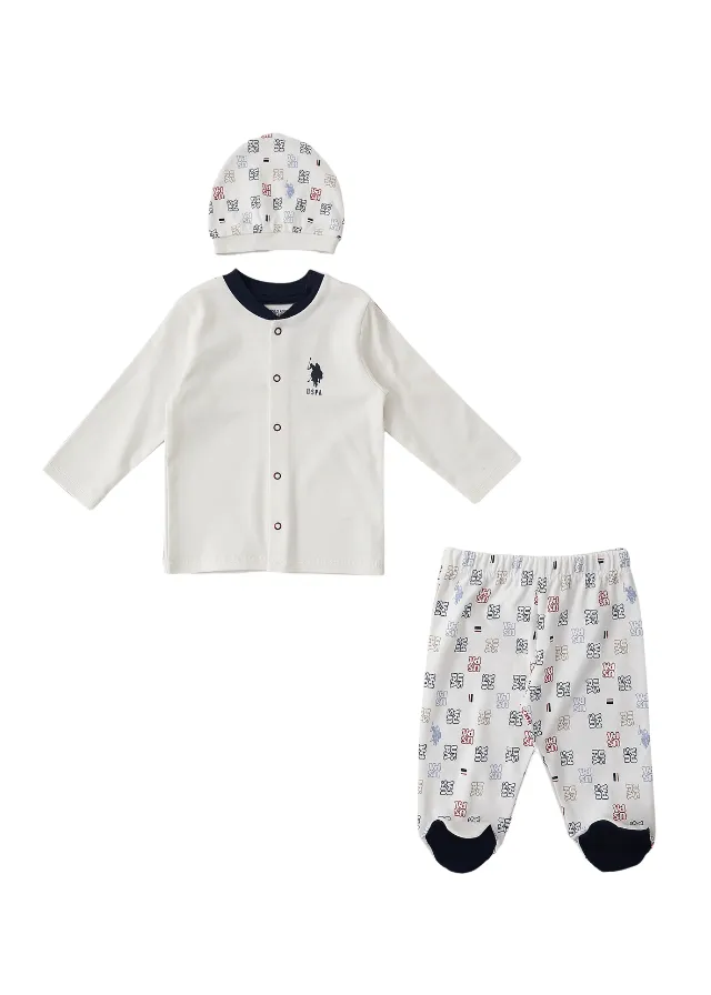 Set 3 Piese Baietei, Bluza Crem, Pantaloni si Fes Crem cu Imprimeu USB1403 Us Polo Assn