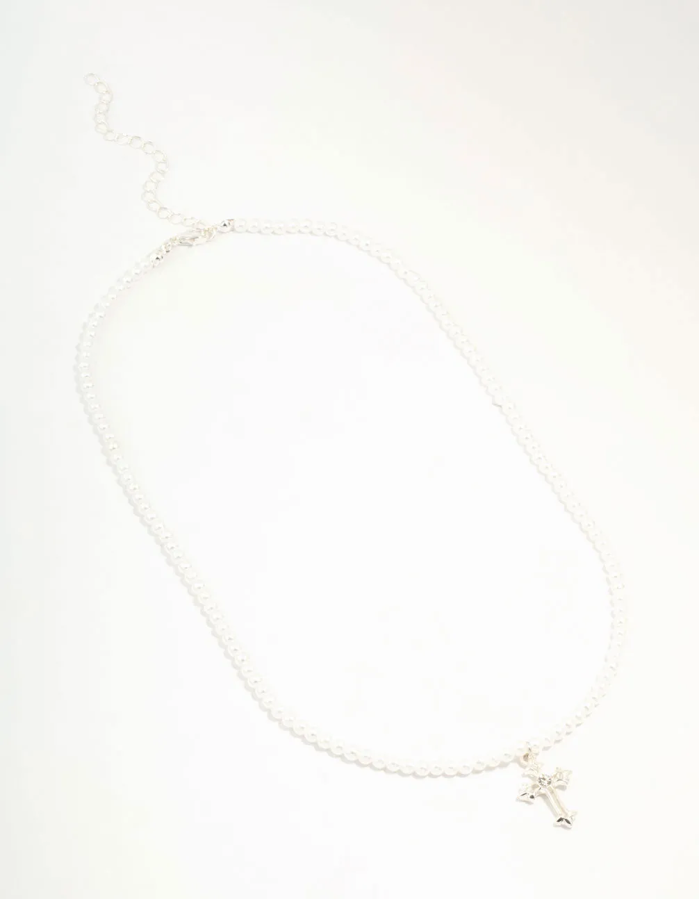 Silver Pearl Cross Pendant Necklace