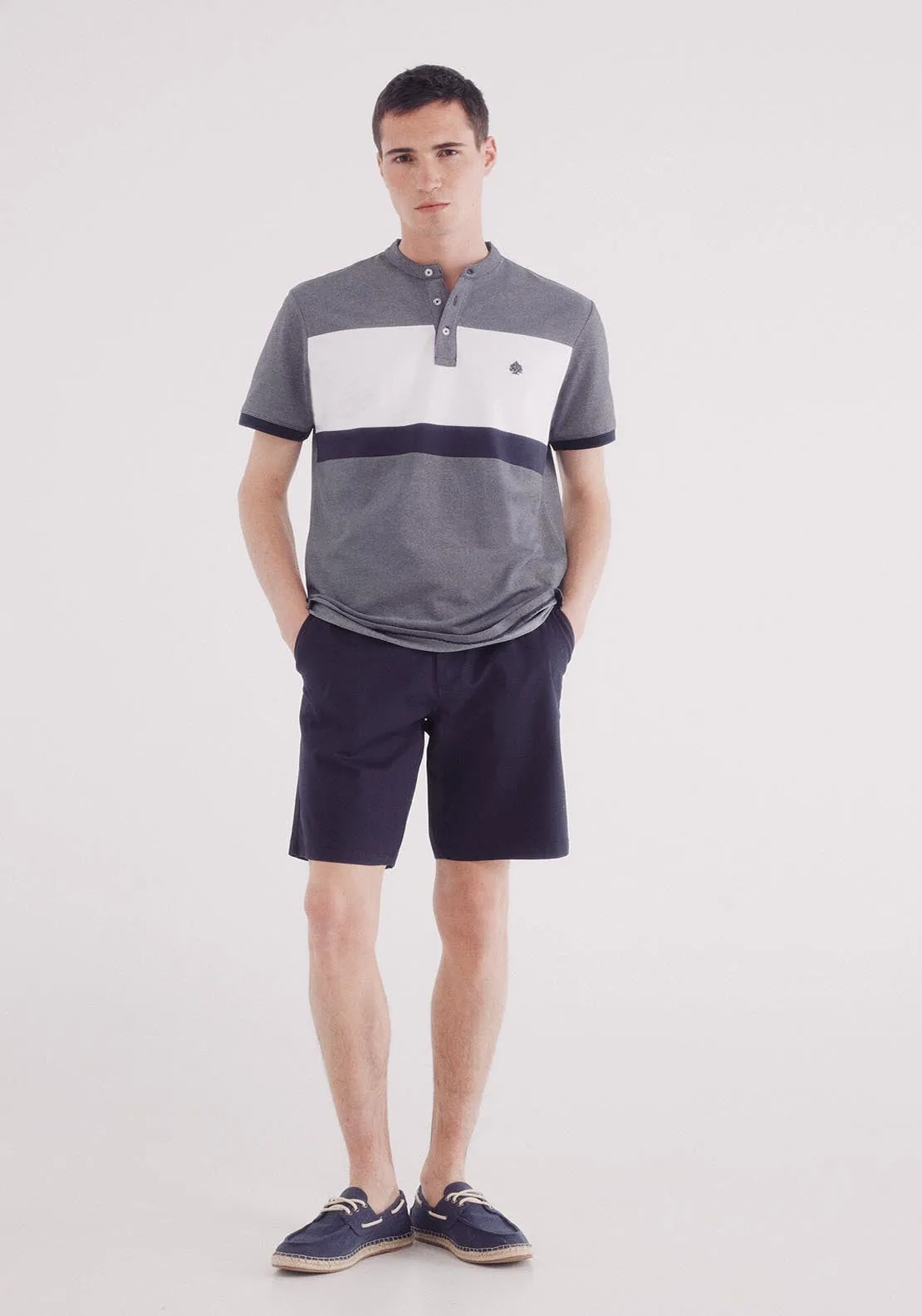 Slim Fit Mao Oxford Block Piqué Polo - Blue