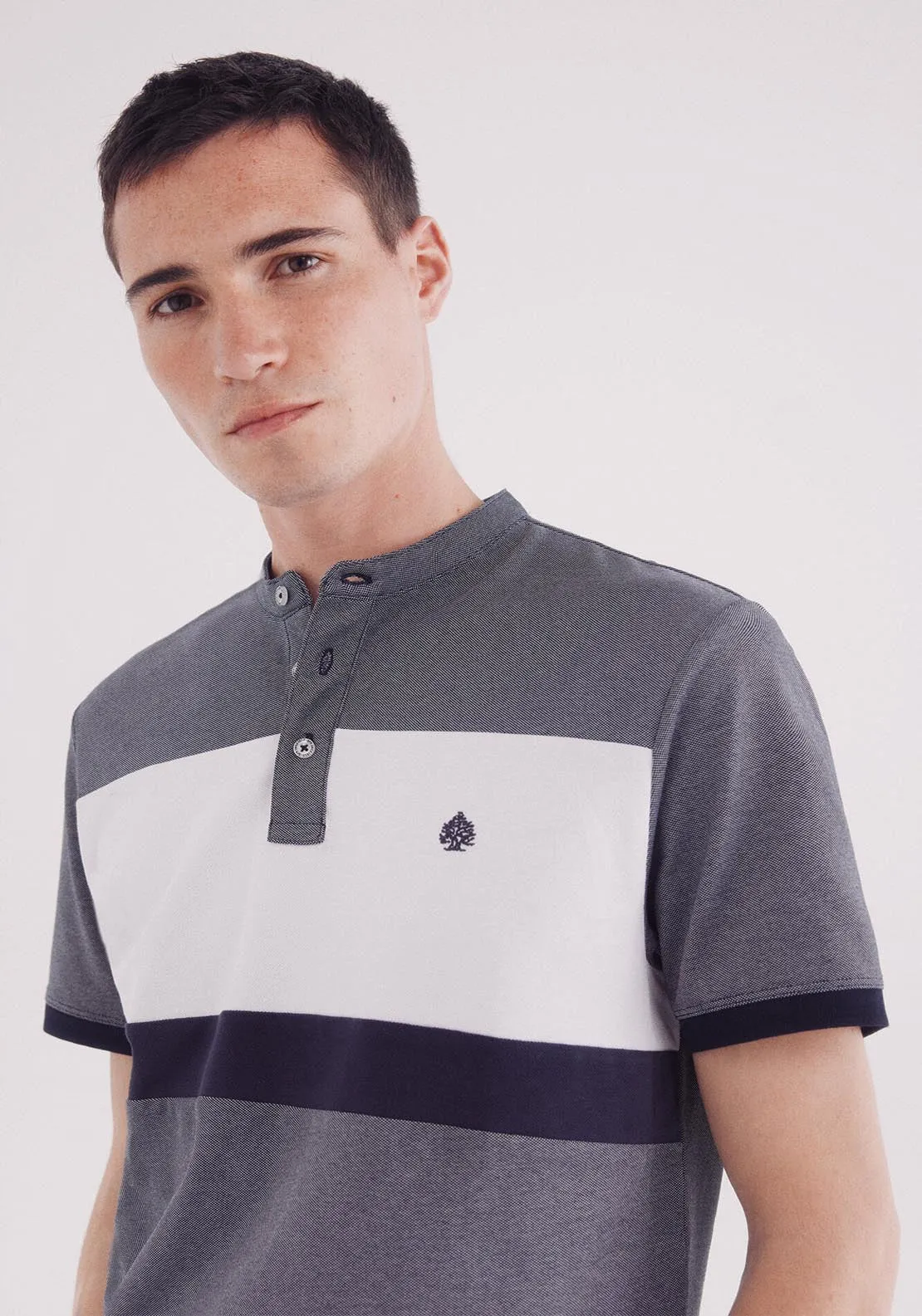 Slim Fit Mao Oxford Block Piqué Polo - Blue