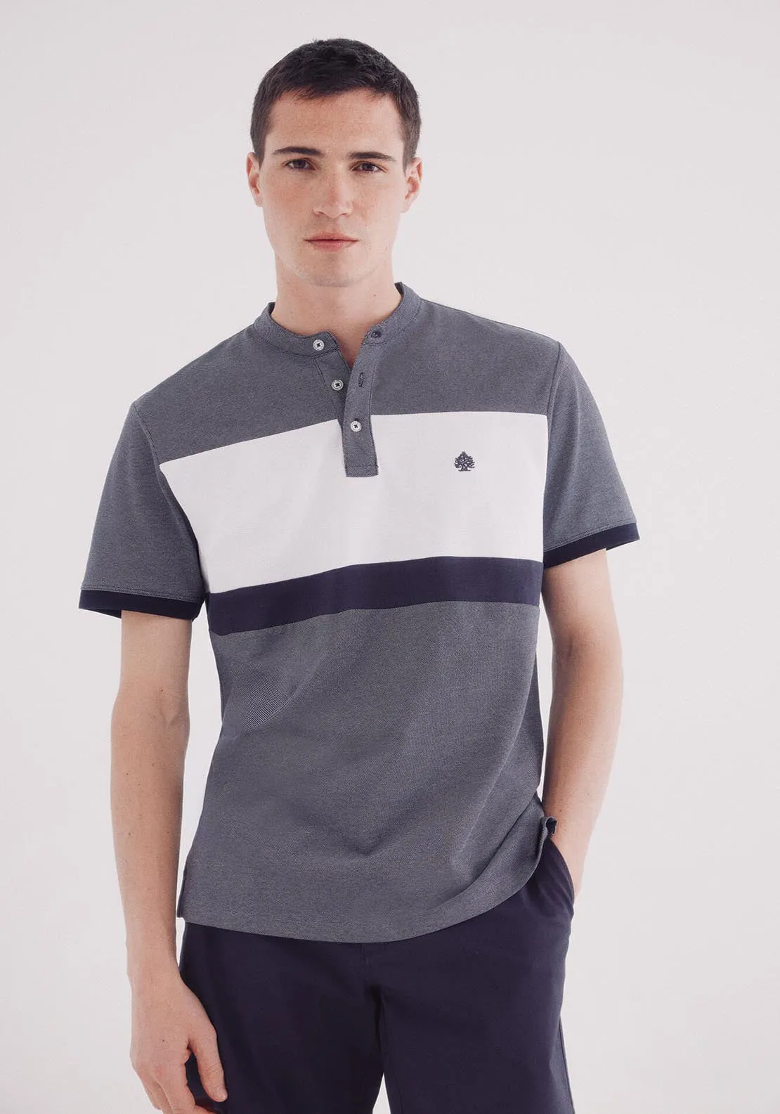 Slim Fit Mao Oxford Block Piqué Polo - Blue