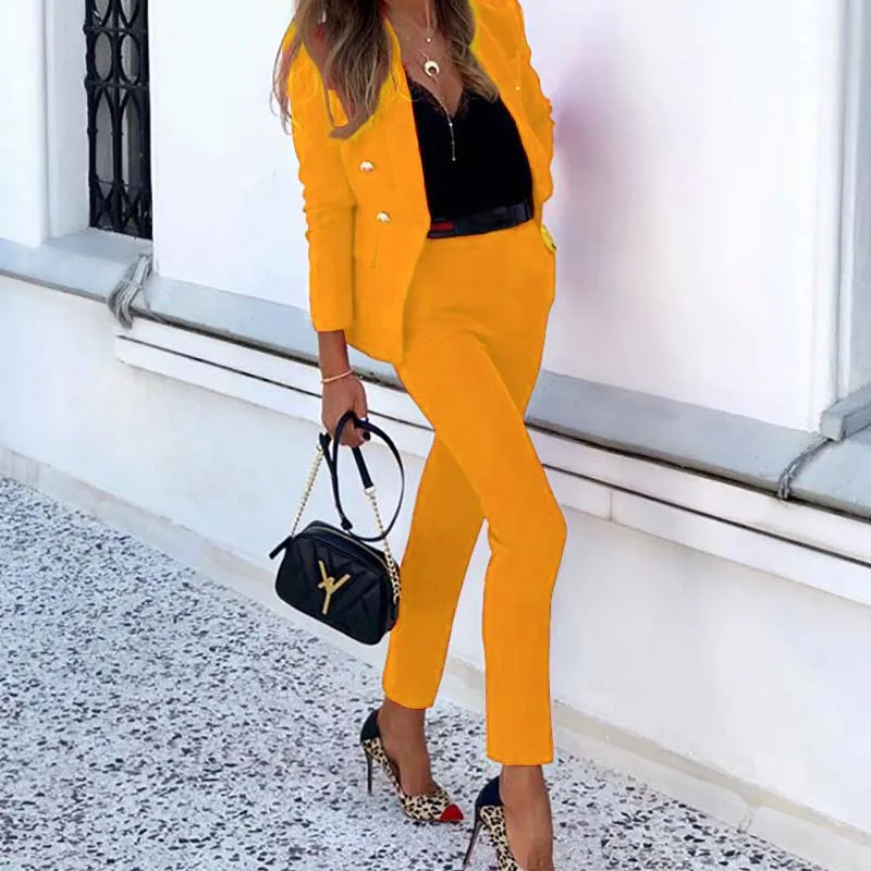 Solid Double Breasted Blazer Coat & Pants Set