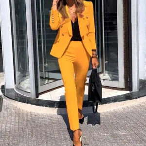 Solid Double Breasted Blazer Coat & Pants Set