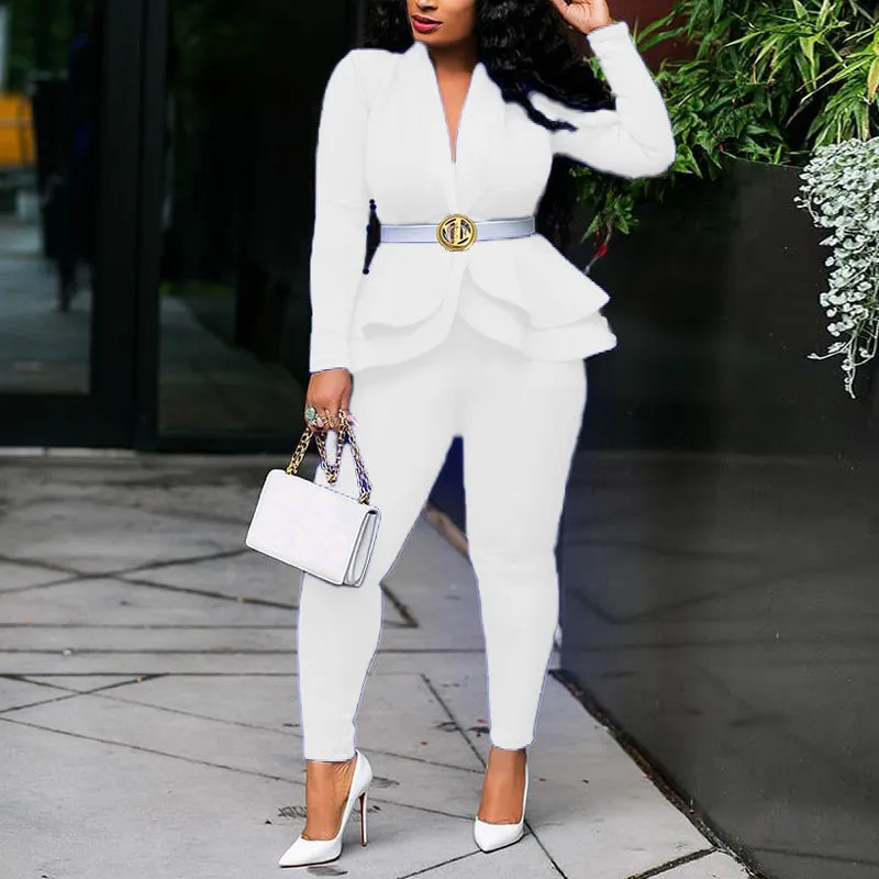 Solid Ruffle Deep V-Neck Blazer Coat & Pants Set