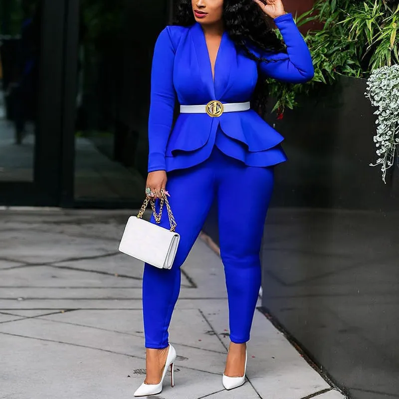 Solid Ruffle Deep V-Neck Blazer Coat & Pants Set