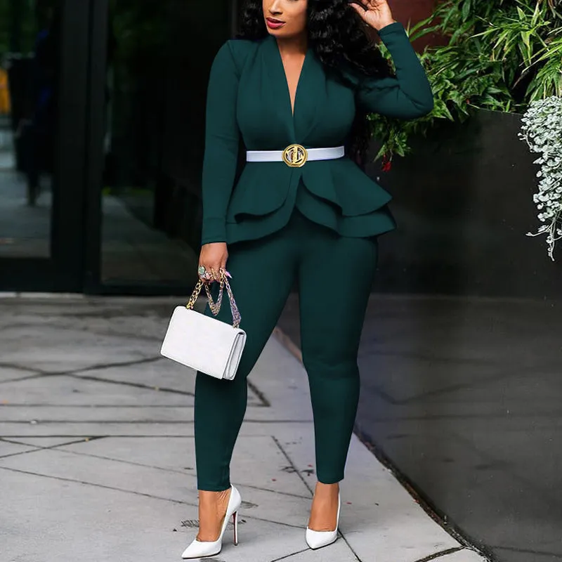 Solid Ruffle Deep V-Neck Blazer Coat & Pants Set