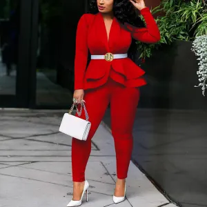 Solid Ruffle Deep V-Neck Blazer Coat & Pants Set