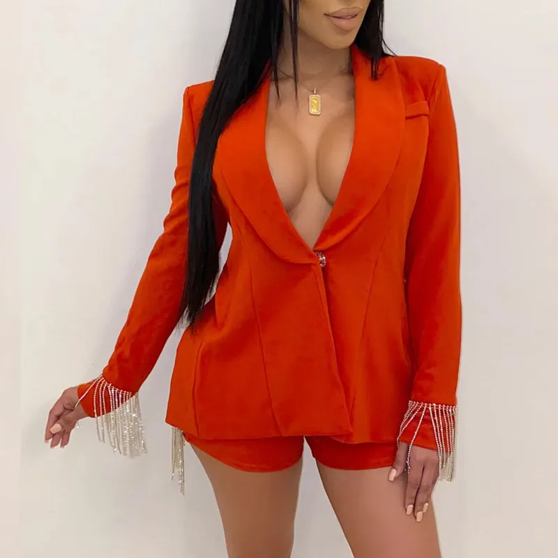 Solid V-Neck Tassels Long Sleeve Blazer Coat & Shorts Set