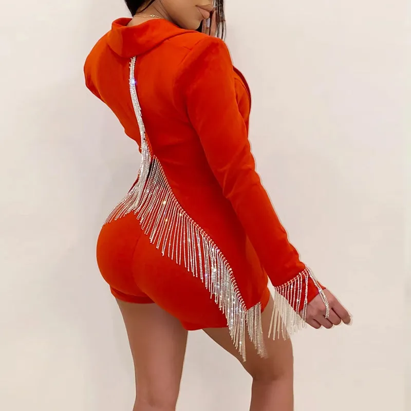 Solid V-Neck Tassels Long Sleeve Blazer Coat & Shorts Set