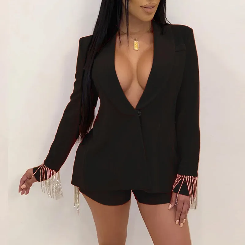 Solid V-Neck Tassels Long Sleeve Blazer Coat & Shorts Set
