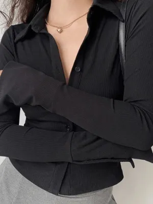 Solid vintage polo collar long sleeve rib blouse