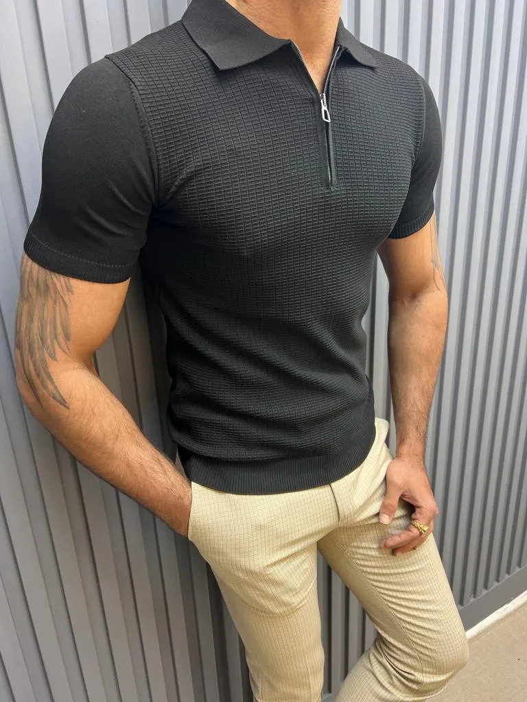 Sorento Black Slim Fit Zipper Polo T-Shirt