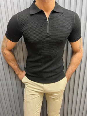 Sorento Black Slim Fit Zipper Polo T-Shirt