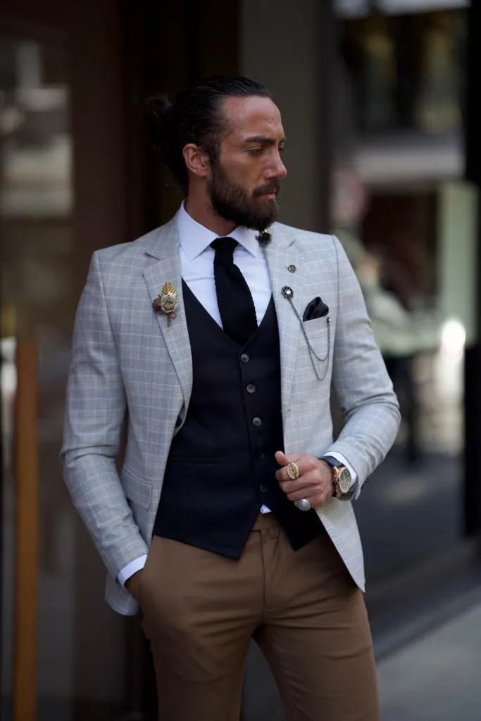 Sorento Gray Slim Fit Notch Lapel Plaid Blazer