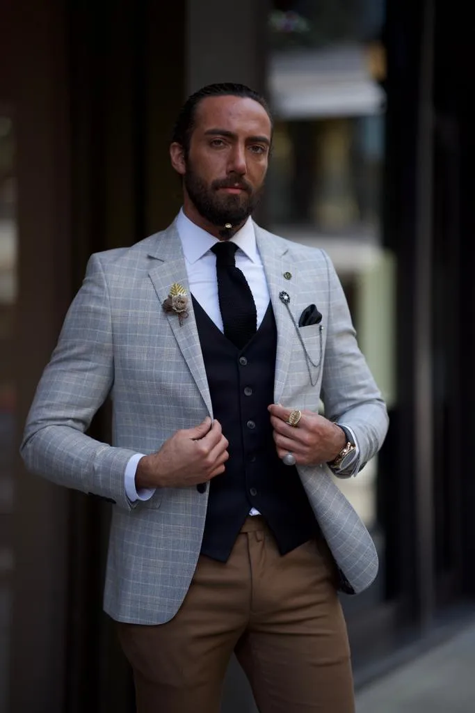Sorento Gray Slim Fit Notch Lapel Plaid Blazer