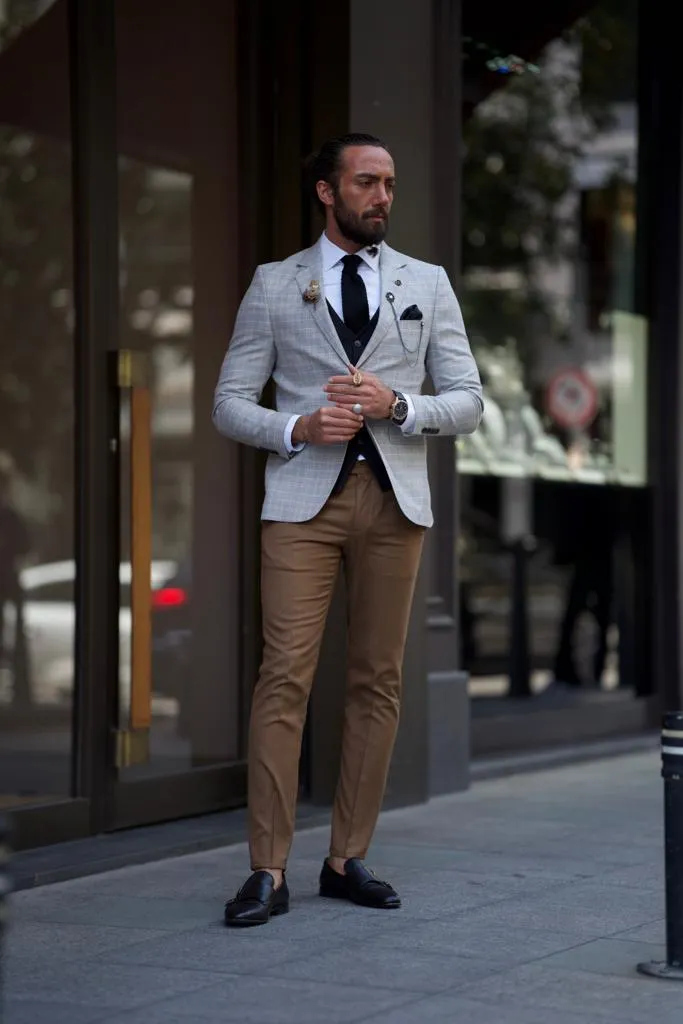 Sorento Gray Slim Fit Notch Lapel Plaid Blazer