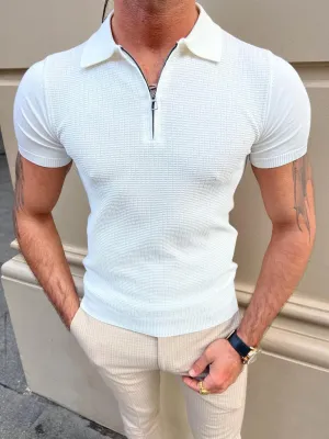 Sorento White Slim Fit Zipper Polo T-Shirt