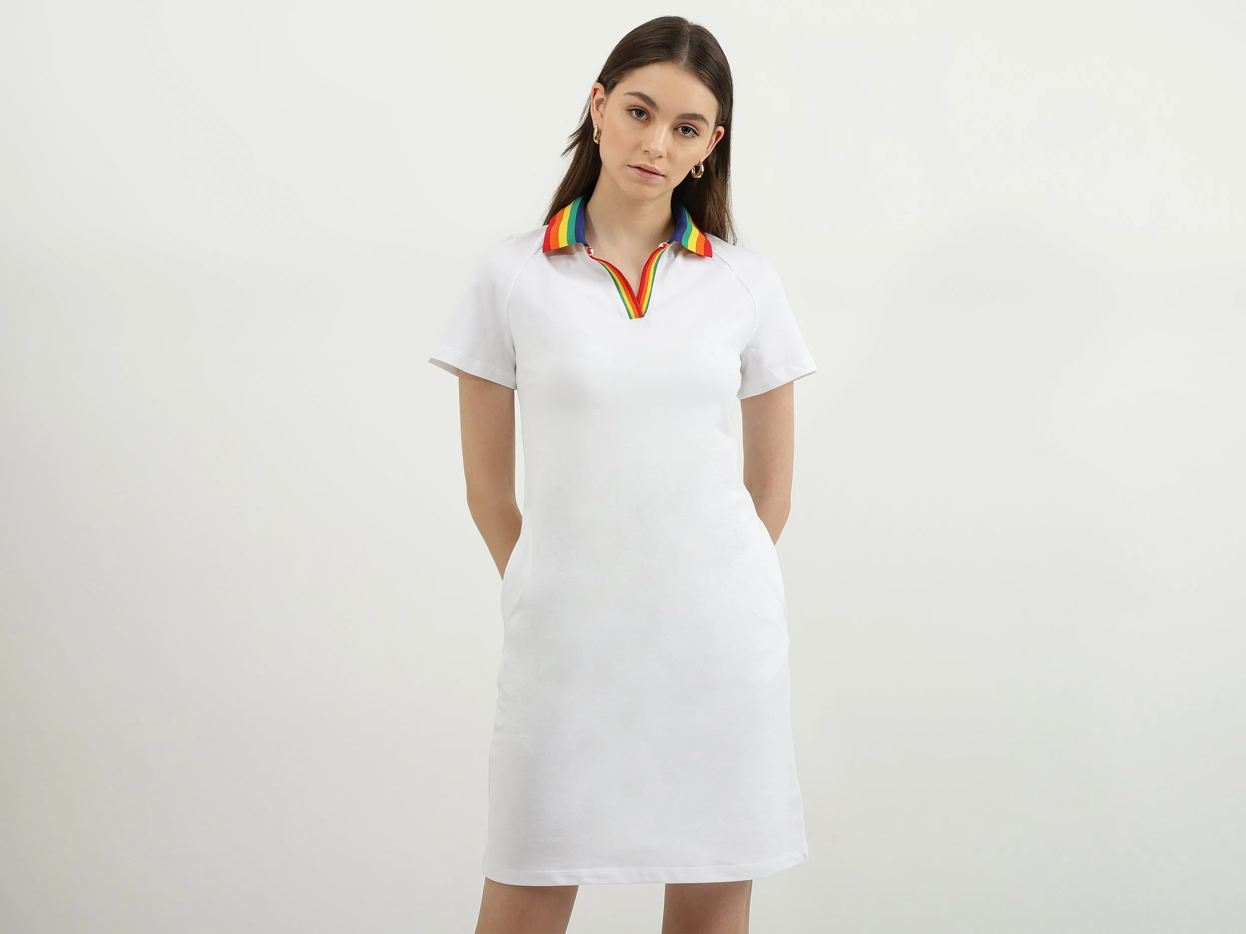 Straight Hemline Solid Polo Dress