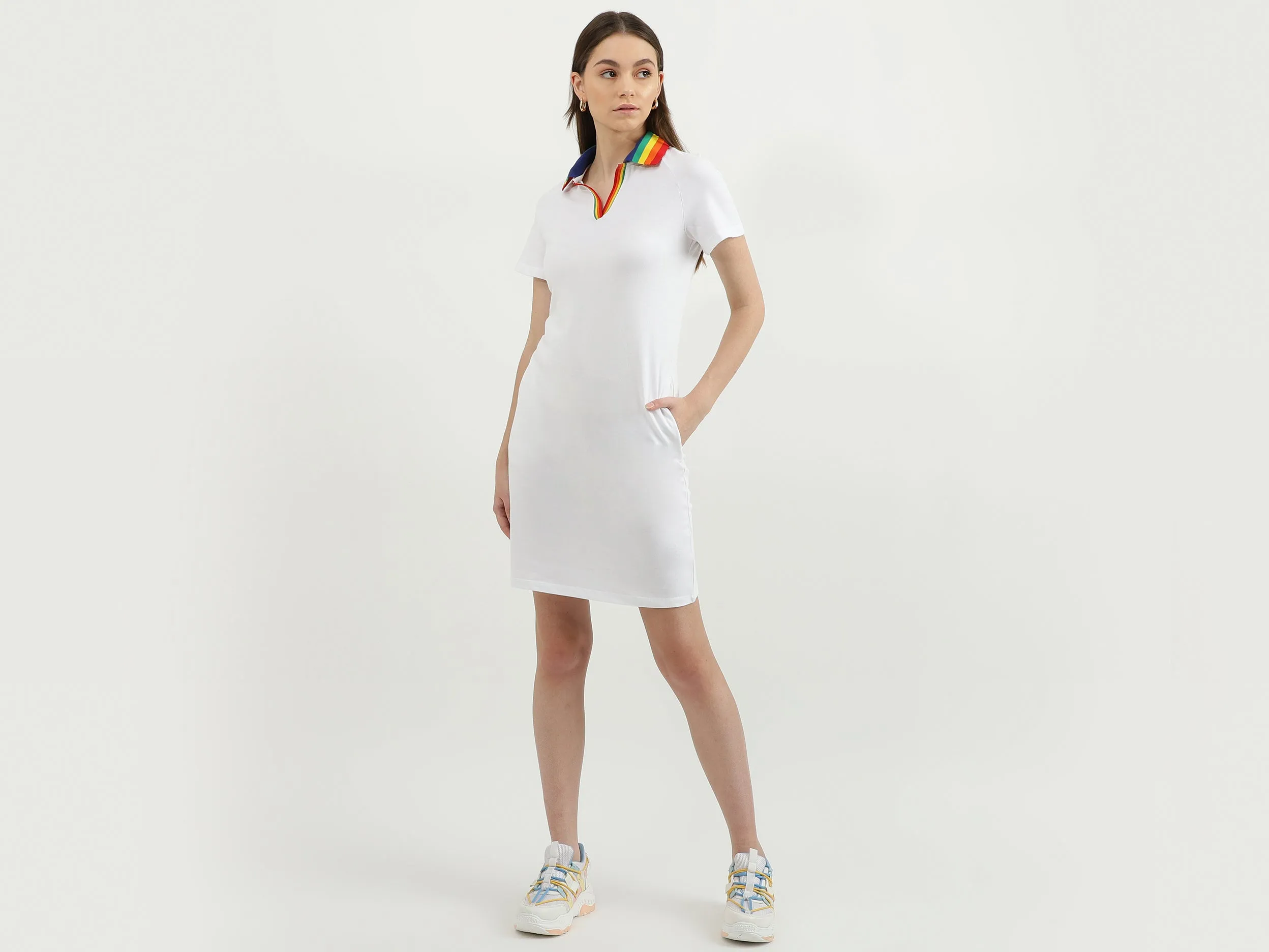 Straight Hemline Solid Polo Dress