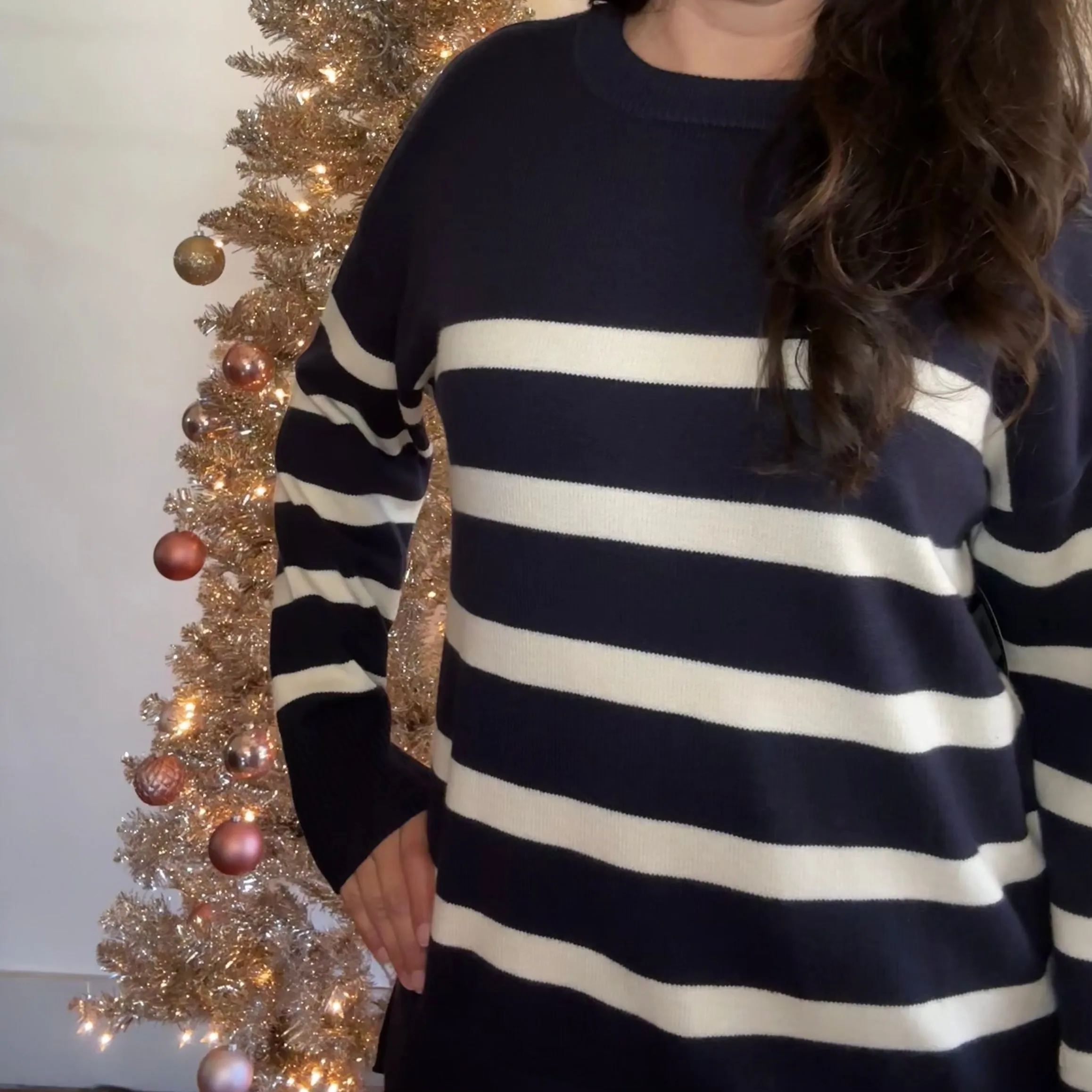 Stripe Oversize Side Split Sweater | Navy