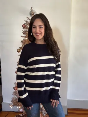 Stripe Oversize Side Split Sweater | Navy