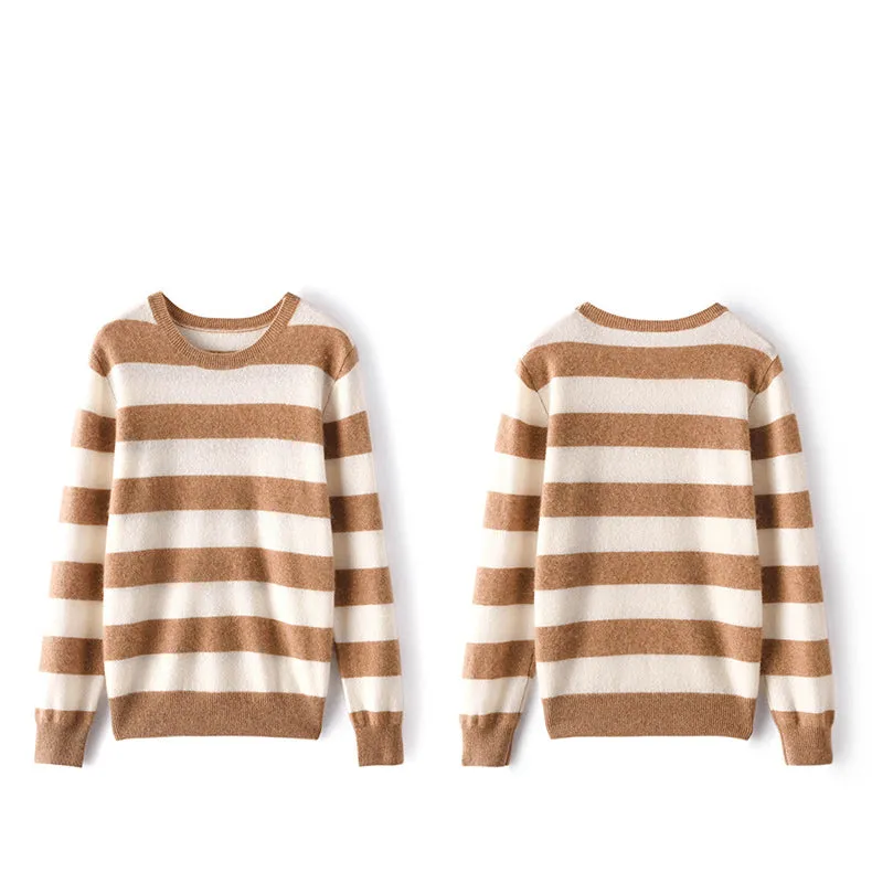 Stripe Women Cashmere Sweater Long Sleeve Pullover Cashmere Sweater
