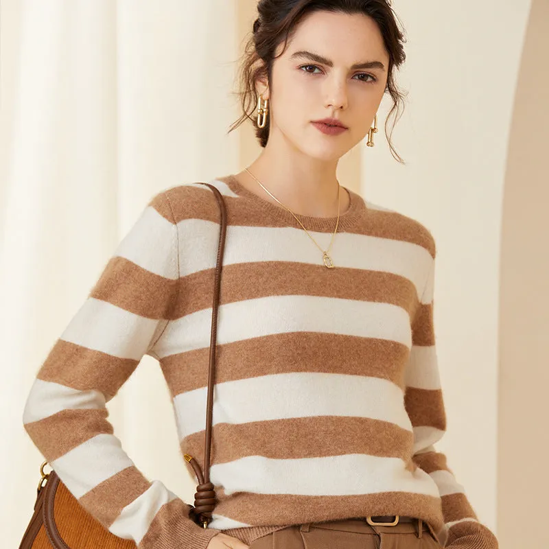 Stripe Women Cashmere Sweater Long Sleeve Pullover Cashmere Sweater