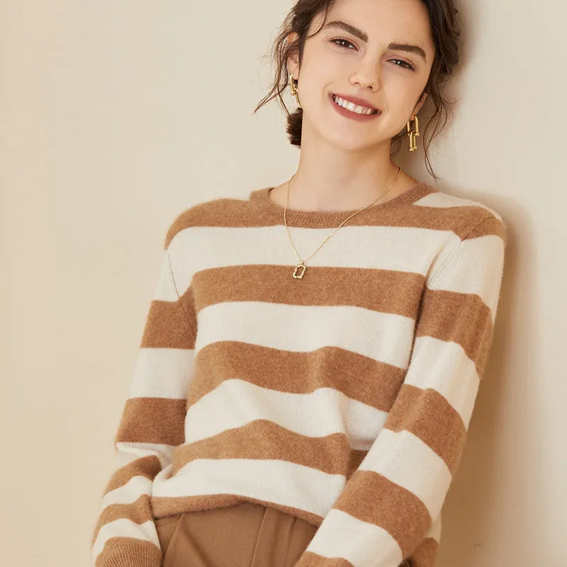 Stripe Women Cashmere Sweater Long Sleeve Pullover Cashmere Sweater