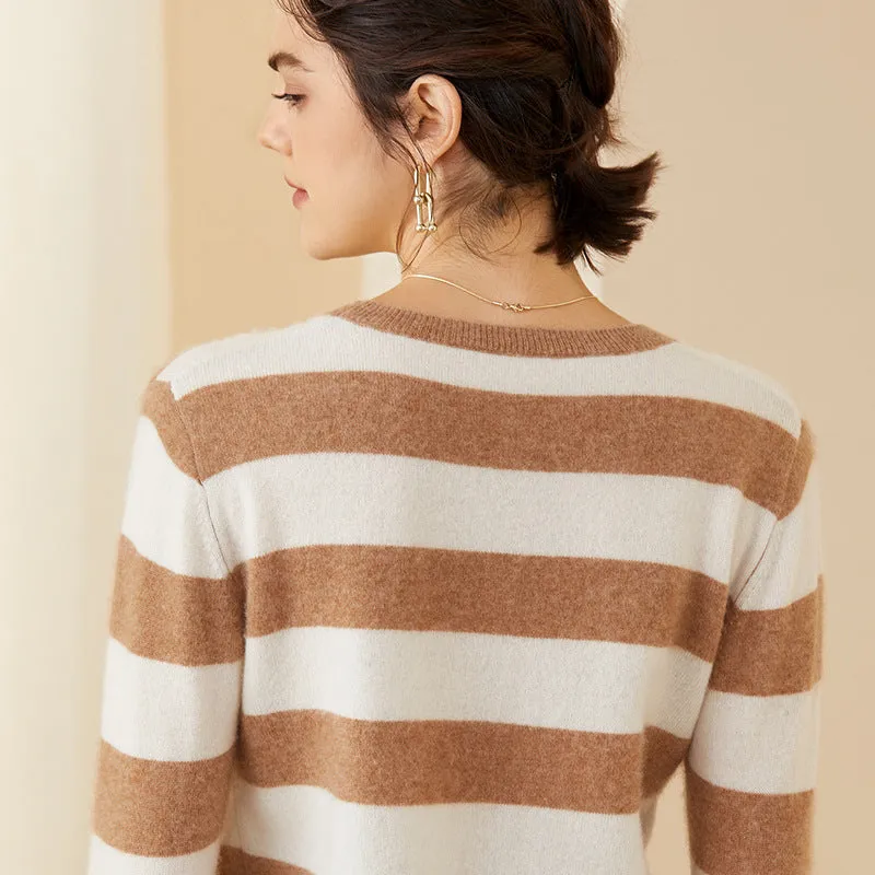 Stripe Women Cashmere Sweater Long Sleeve Pullover Cashmere Sweater