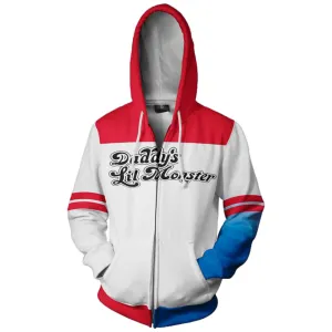 Suicide Squad Harley Quinn White Red Pattern Hoodie Girls Zip Up Sweatshirt