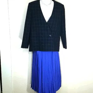 Suit Matching Set blazer jacket lined  Plisse Skirt royal blue Midi EUC