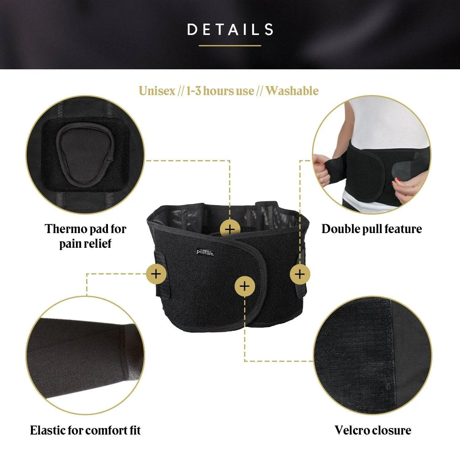 Swedish Posture Stabilize Lower Back Support Corrector Belt (S) - Black