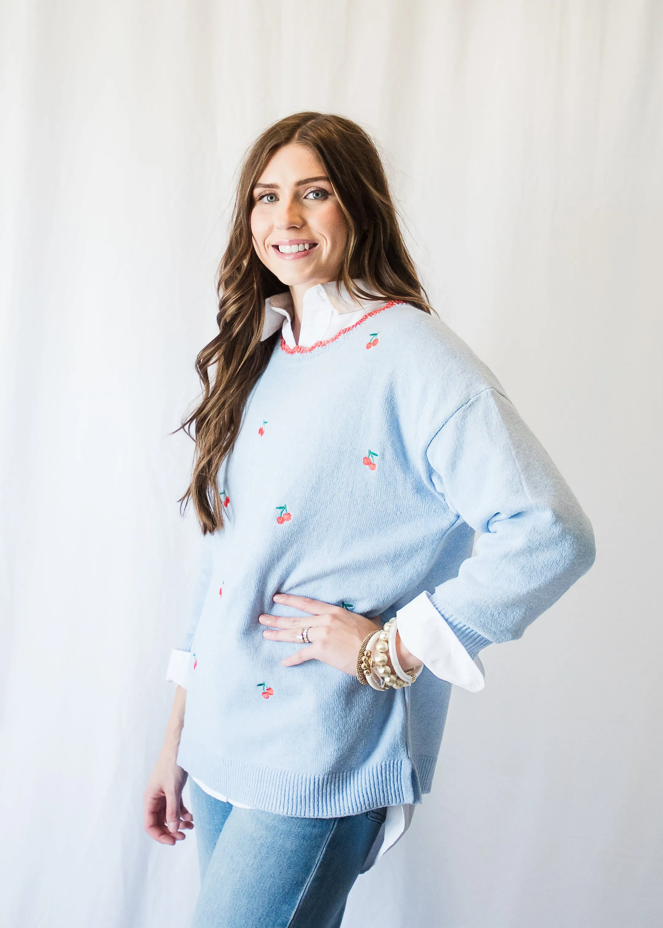 Sweet as Cherries Blue Sweater