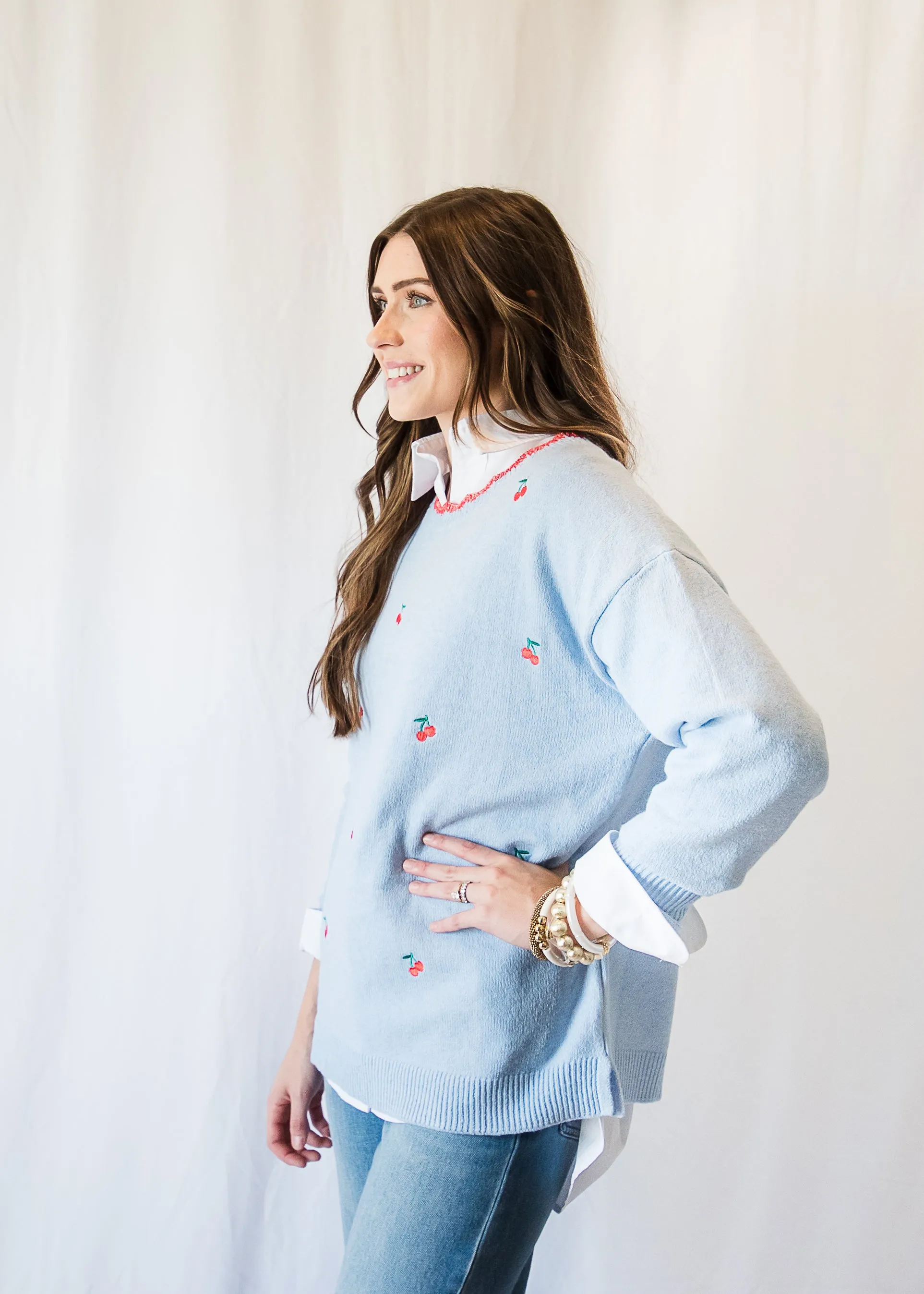 Sweet as Cherries Blue Sweater