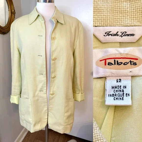 Talbots Irish Linen Blazer Green Boxy Jacket 12  Spring Summer Business Casual