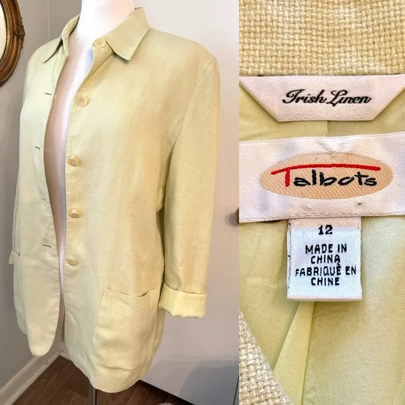 Talbots Irish Linen Blazer Green Boxy Jacket 12  Spring Summer Business Casual