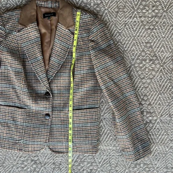 Talbots Womens Classic Wool Blend Houndstooth Brown Tweed Equestrian Blazer 12