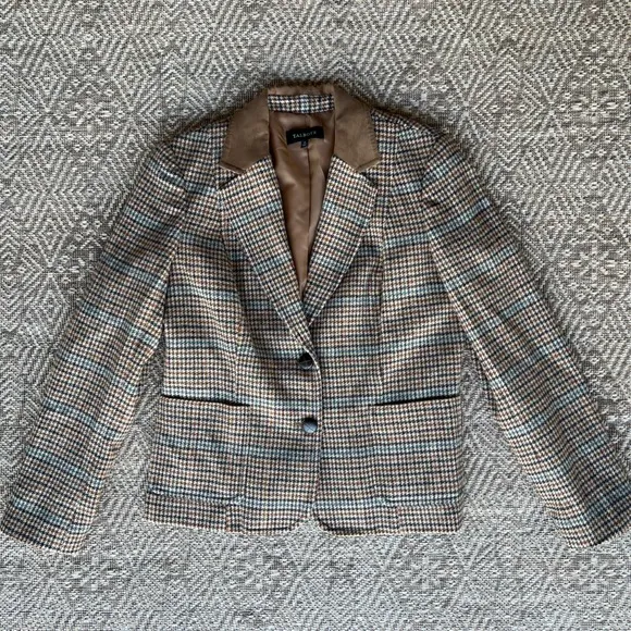 Talbots Womens Classic Wool Blend Houndstooth Brown Tweed Equestrian Blazer 12