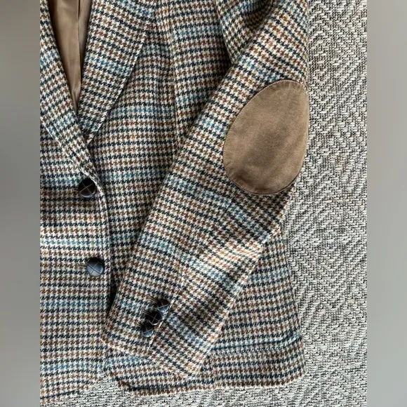 Talbots Womens Classic Wool Blend Houndstooth Brown Tweed Equestrian Blazer 12