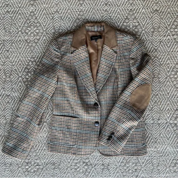 Talbots Womens Classic Wool Blend Houndstooth Brown Tweed Equestrian Blazer 12