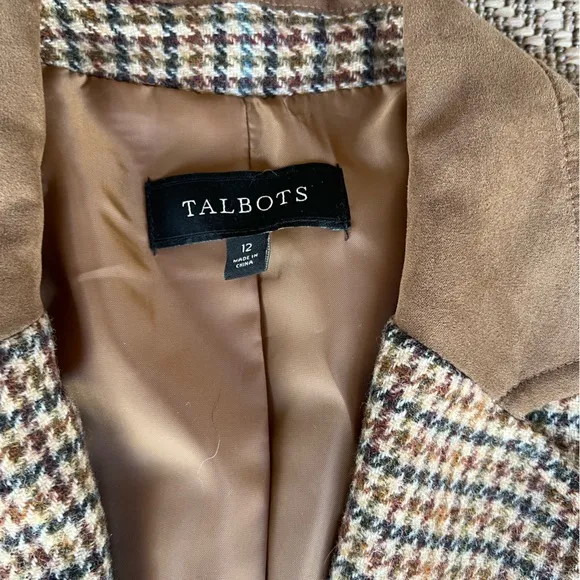 Talbots Womens Classic Wool Blend Houndstooth Brown Tweed Equestrian Blazer 12