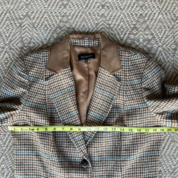 Talbots Womens Classic Wool Blend Houndstooth Brown Tweed Equestrian Blazer 12